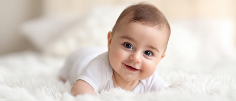 The adorable baby smiling brightly on soft fur blanket. photo