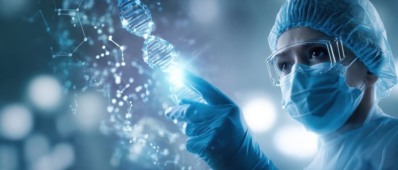 The scientist examining DNA structure with advanced holographic technology. photo
