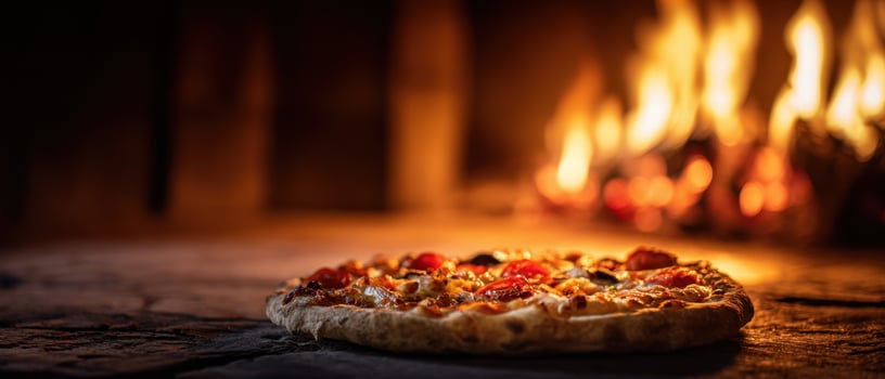 The delicious pizza baking in a wood-fired oven with warm flames. photo
