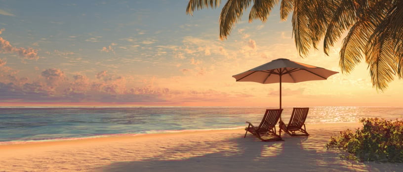 The serene beach scene with two chairs under an umbrella at sunset. photo