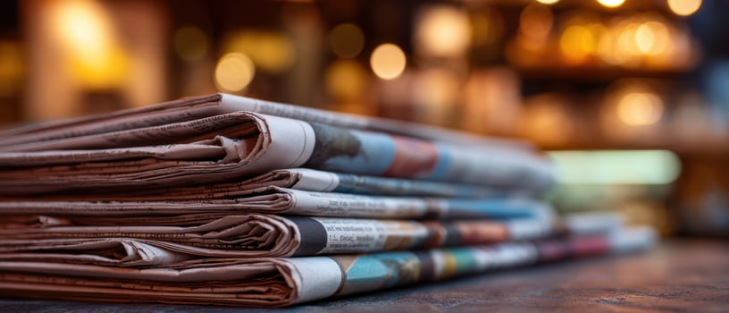 The Stack of Newspapers on a Rustic Cafe Table with Warm Bokeh Background photo