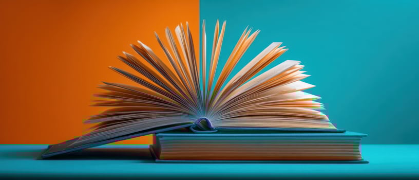 The vibrant open book showcasing colorful pages against a modern backdrop. photo