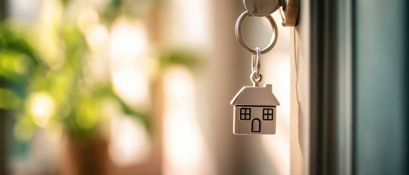 The home key hanging on a door symbolizes warmth and new beginnings. photo