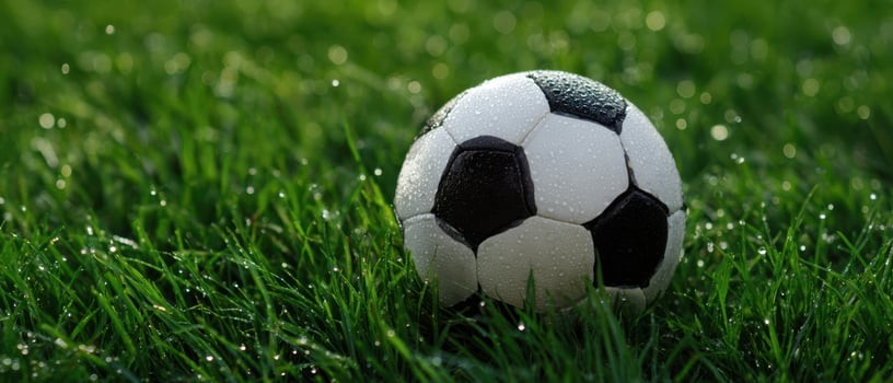 The soccer ball resting on dew-covered grass under soft sunlight. photo