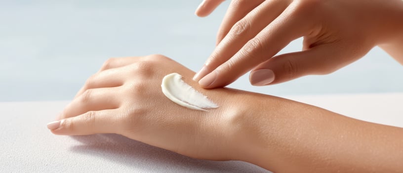 The hand applying cream on soft skin for hydration and beauty care. photo