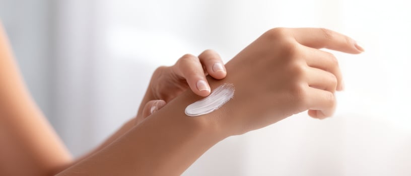 The woman applying moisturizer on her hand in a serene natural setting. photo