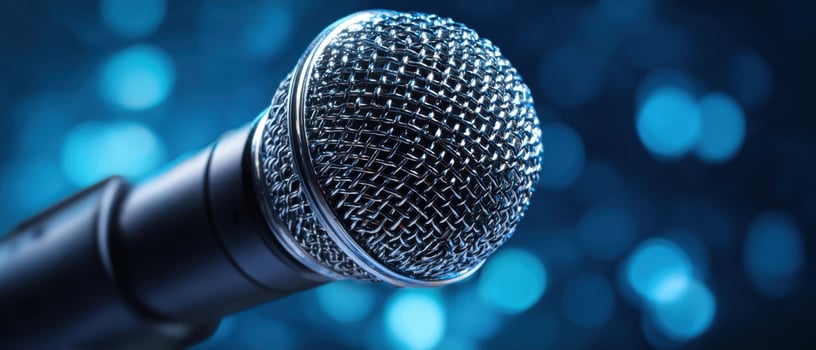 The close-up view of a professional microphone with a vibrant bokeh background. photo
