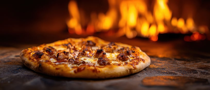 The mouth-watering pizza cooking in a wood-fired oven surrounded by flames. photo