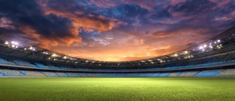 The Empty Stadium Bathed in Sunset Light with Vibrant Sky and Green Grass photo