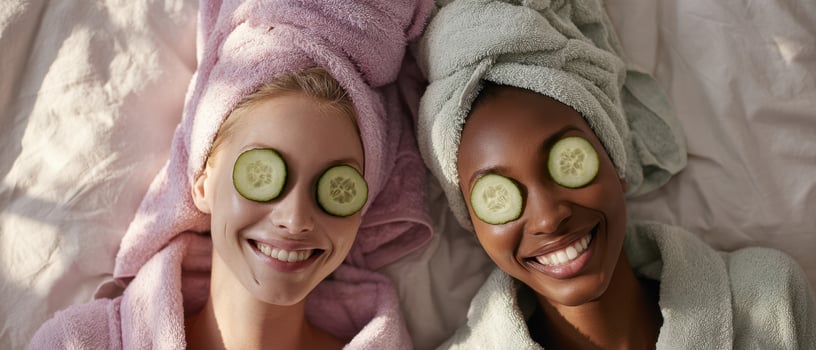 The joyful moment of friends enjoying a spa day with cucumbers on their eyes. photo