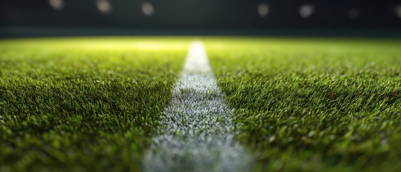 The vibrant green soccer field illuminated under stadium lights at night. photo