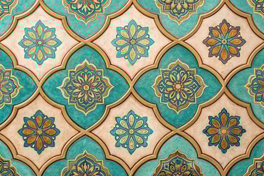 Intricate Teal and Gold Geometric Mosaic Pattern tile photo