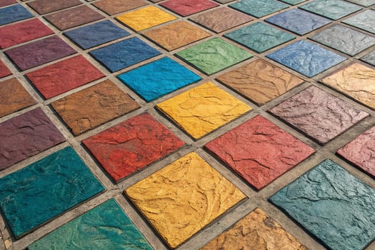 Colorful stamped concrete patio squares overhead view photo