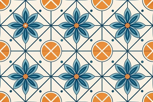Seamless geometric pattern with blue flowers and orange circles photo