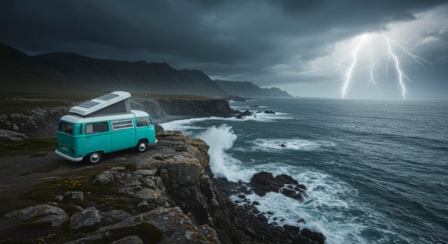 Vintage Van Overlooking a Stormy Sea with Lightning photo