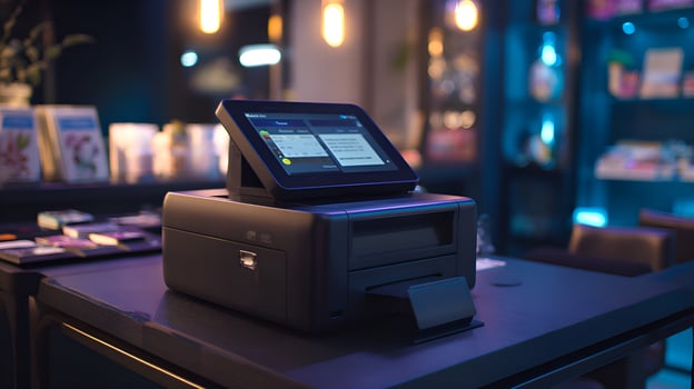 Cash register printing receipt in modern shop with colorful illumination photo