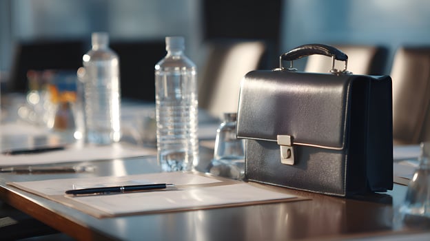 Business briefcase sitting on conference table with documents and water bottles photo