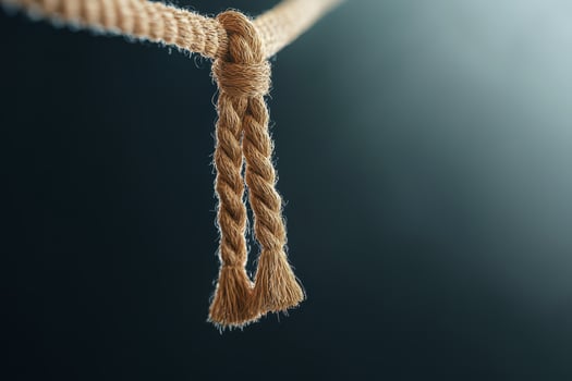 Rope lifeline hanging in dark space with frayed ends showing texture and survival concept photo