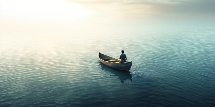 Person sitting alone in wooden boat on calm water during peaceful sunrise, evoking solitude and reflection photo