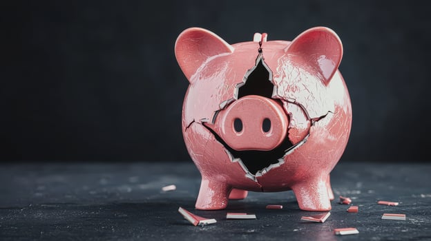 Broken piggy bank with large crack and scattered pieces on dark surface symbolizing financial loss and fragility photo