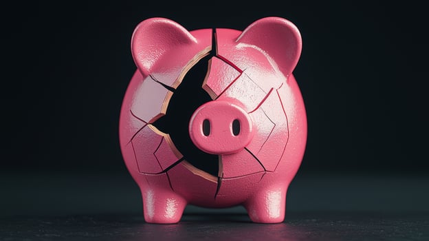 Broken pink piggy bank with cracks and hole on dark background symbolizing financial loss and fragility photo