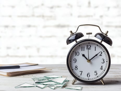 Broken clock on wooden desk with shattered glass pieces and documents, symbolizing time disruption and urgency photo