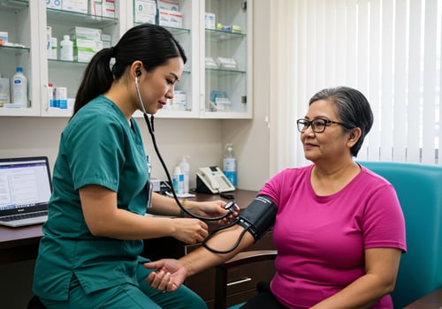 a woman is being checked by a nurse photo