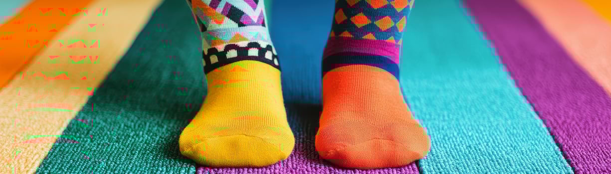 Colorful socks with bright geometric patterns on feet standing on vibrant striped rug creating cheerful and lively atmosphere photo