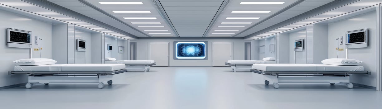 Futuristic hospital room with empty beds and advanced medical monitors creating clean and sterile environment photo
