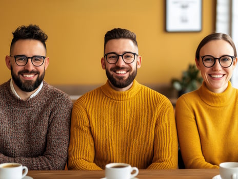 Three smiling young adults wearing glasses and warm sweaters sitting at table with coffee cups, enjoying cozy moment together photo