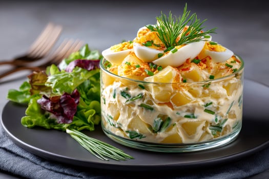 Creamy potato salad with eggs and herbs photo