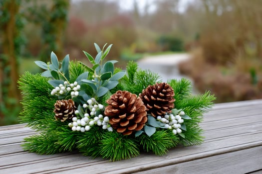 Pinecones and greenery floral arrangement photo
