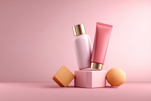 Pink Skincare Product Bottles Mockup on Minimal Pink Background photo