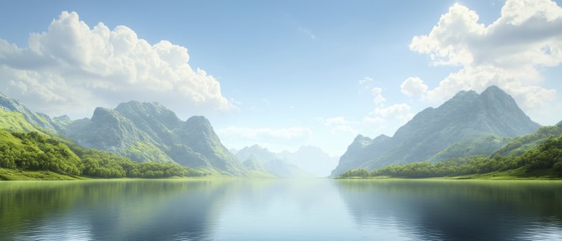 Crystalclear lake with green forest and mountain blue sky with clouds, peaceful natural landscape with calm water reflection photo