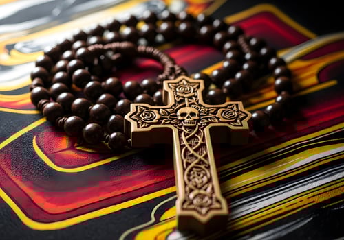 Macro of Rosary and Wooden Cross on Chicano Fabric photo