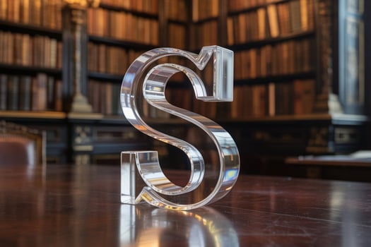 A shiny glass letter 'S' under a spotlight with bokeh. photo