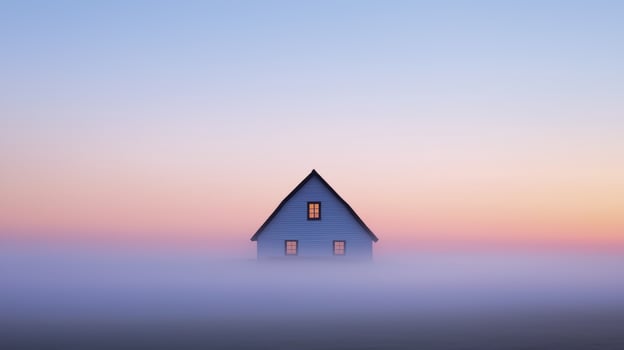 House with lit windows surrounded by soft morning fog under colorful pastel sky creating calm and peaceful atmosphere photo