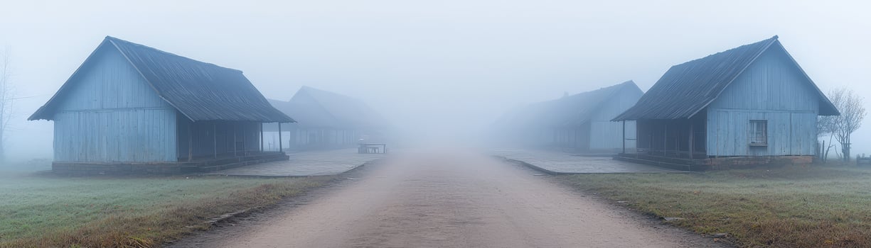 Foggy village street with wooden houses on both sides creating mysterious and calm atmosphere in early morning photo