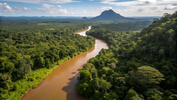 Serene Amazon River Lush Rainforest, Brown River, Mountain View, Aerial Perspective, Natural Beauty, Tropical Environment, Adventure, South America, Travel Destination photo