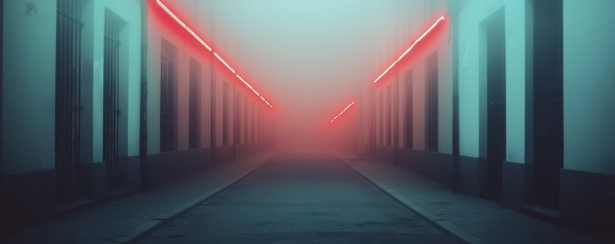 Foggy urban alleyway with soft neon lights and shadows creating mysterious and moody atmosphere photo