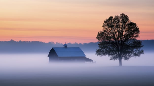 Village farm covered in morning fog with barn and large tree at sunrise creating peaceful rural scene photo