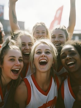 Group of female athletes celebrating victory outdoors smiling and joyful wearing sports jerseys sunny day team spirit happiness friendship sports photo