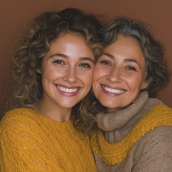 Joyful mother and daughter smiling warmly together, showing strong emotional bond and happiness, wearing cozy sweaters, against plain brown photo