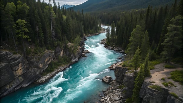 Turquoise River Rapids Through Dense Forest Canyon, Scenic Wilderness Landscape, Adventure Travel Destination, Nature Photography, Mountain Scenery photo