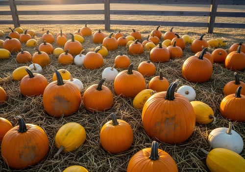 Pumpkins on Hay with Wooden Fence Autumn Background photo