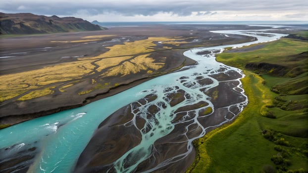 Icelandic Glacial River Braids Landscape, Aerial View, Turquoise Waters, Volcanic Plains, Dramatic Sky, Untamed Nature, Travel Destination photo