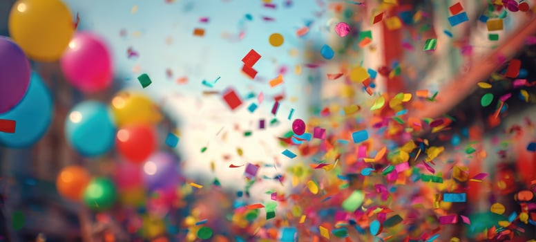 The vibrant celebration filled with colorful confetti and balloons in the background. photo