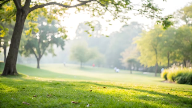 Serene Park Scene Lush Green Lawn, Trees, and Misty Sunlight for Peaceful Outdoor Escape and Relaxation photo