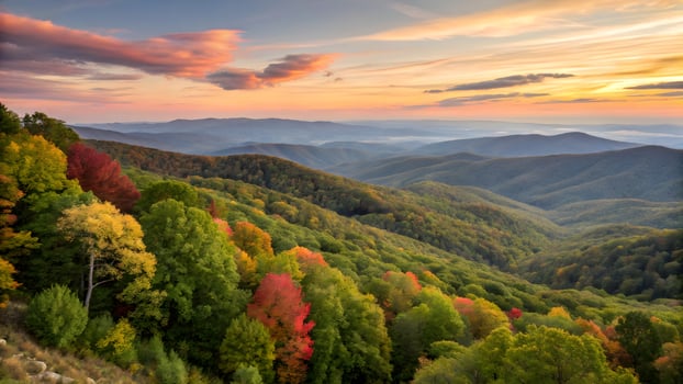 Autumn Mountain Vista Colorful Forest Landscape at Sunset, Scenic Appalachian Valley Views photo