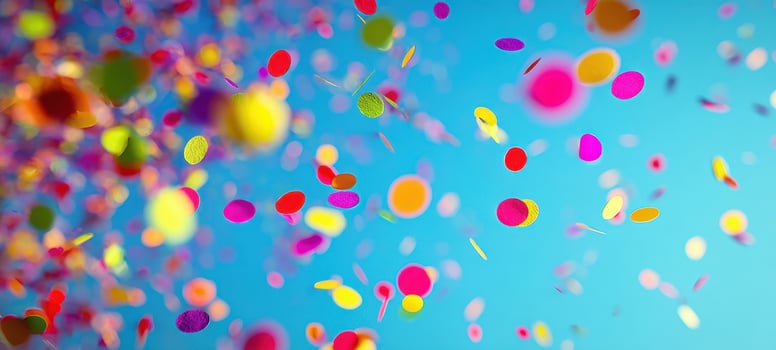 The vibrant confetti bursting against a clear blue sky backdrop. photo